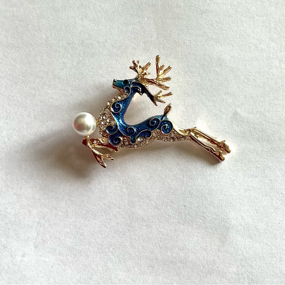 (3 for20.00) New Elegant Blue and Gold Reindeer Brooch